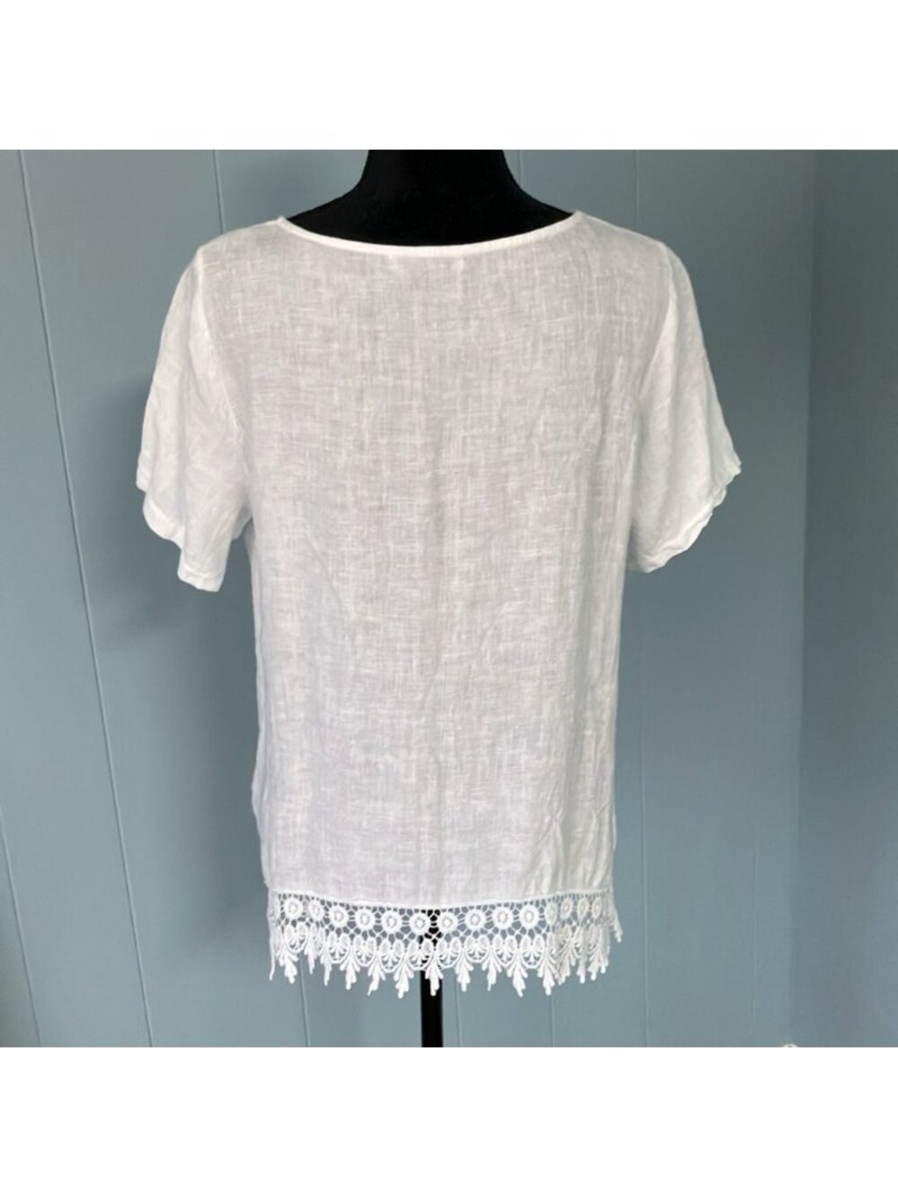 White Linen Lace Trim Short Sleeve Top  Made in Italy - Picture 2 of 6